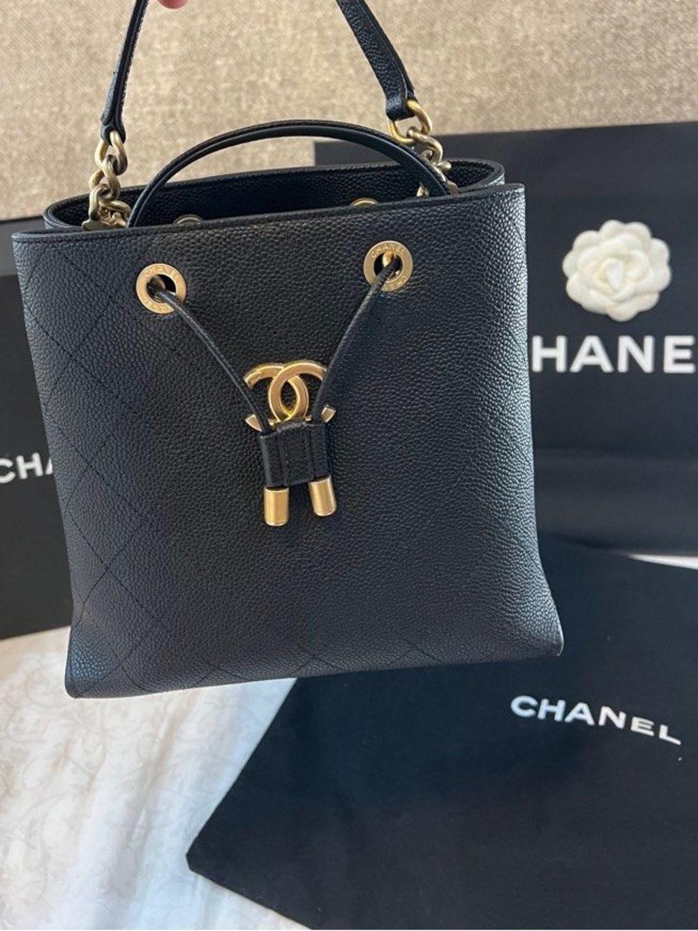 Chanel Black Caviar Small Bucket Bag